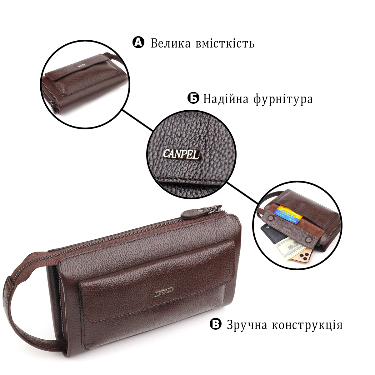 Красивий чоловічий клатч із натуральної зернистої шкіри CANPELLINI Коричневий