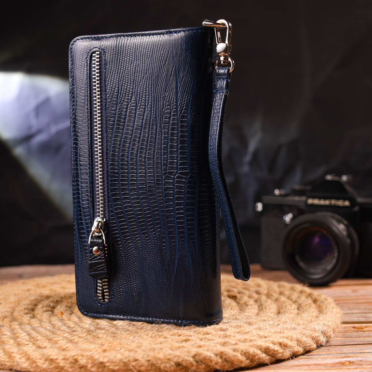 Добротне портмоне клатч із натуральної фактурної шкіри CANPELLINI Синє