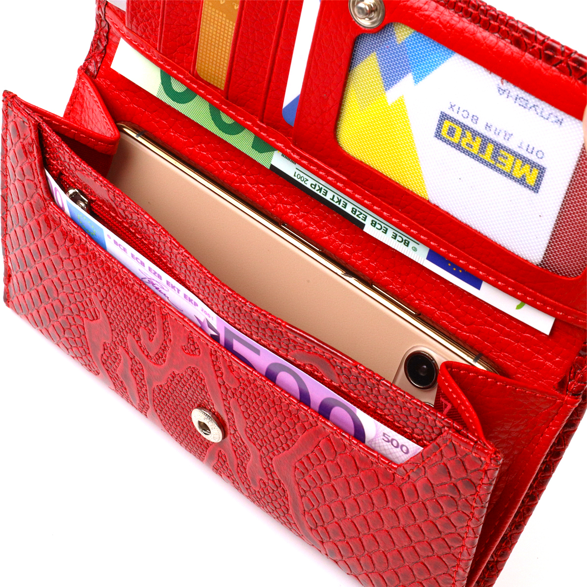 Лаковане жіноче портмоне з натуральної шкіри з тисненням під змію CANPELLINI Червоний