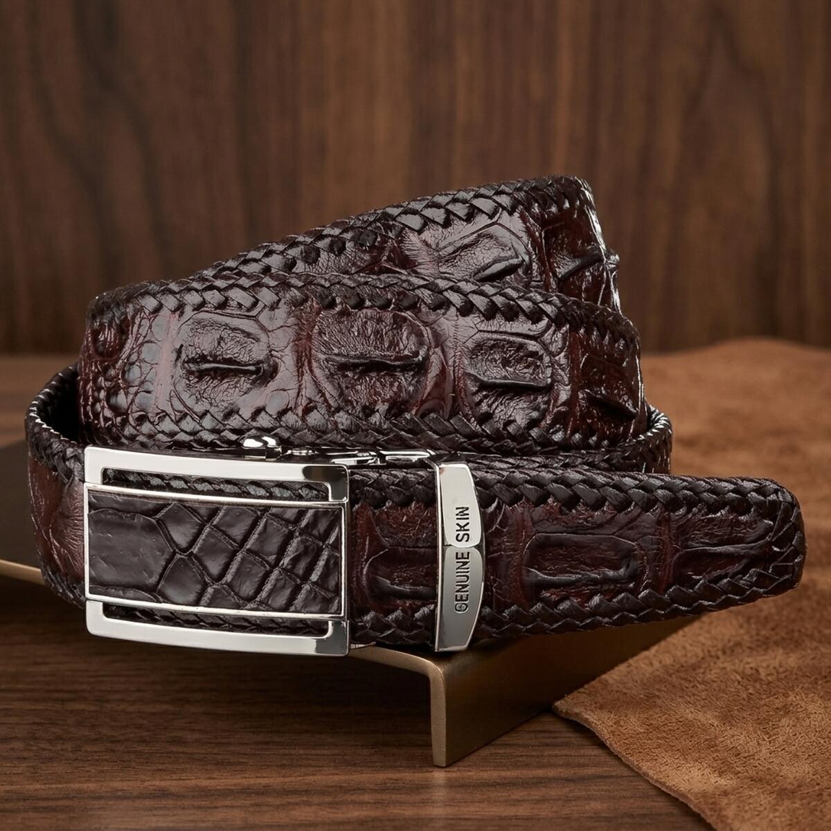 Ремень-автомат CROCODILE LEATHER из натуральной кожи крокодила Коричневый