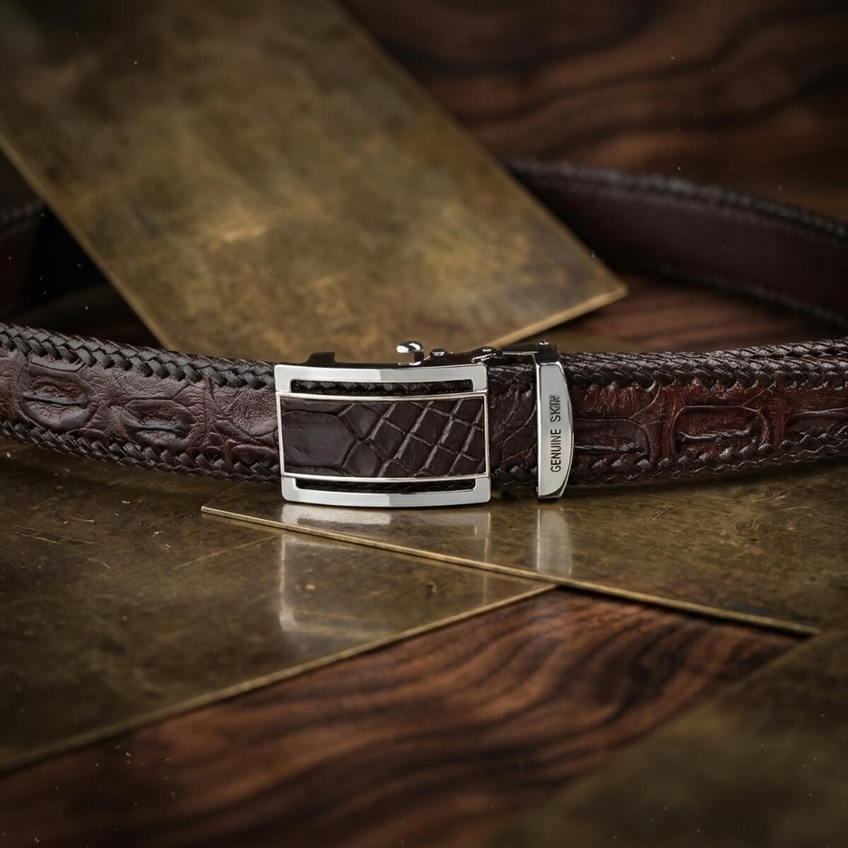Ремень-автомат CROCODILE LEATHER из натуральной кожи крокодила Коричневый