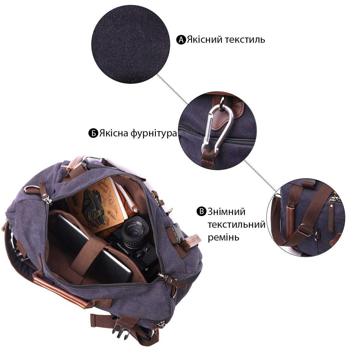 Большой рюкзак-трансформер в стиле милитари из плотного текстиля Vintage Черный