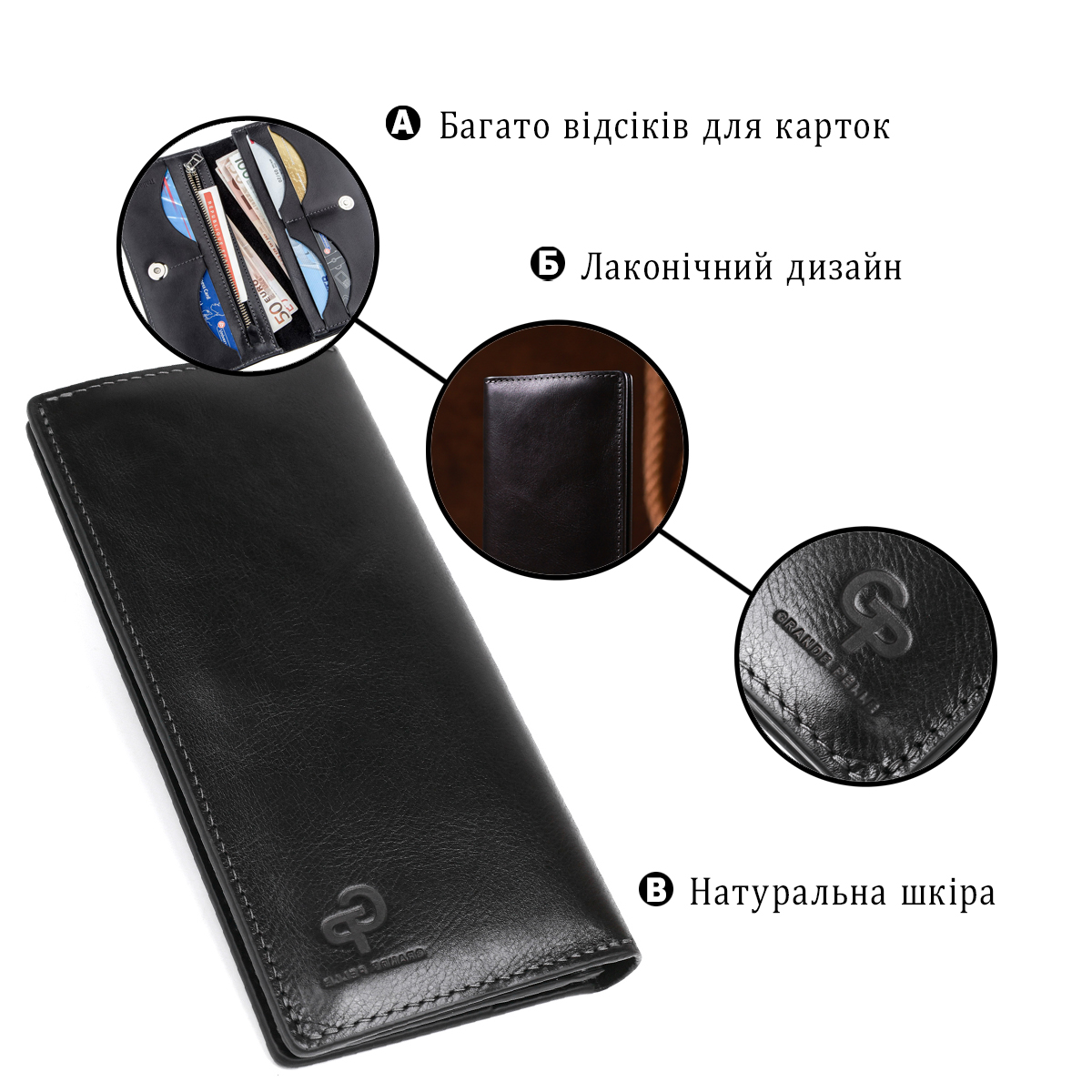 Вертикальный бумажник унисекс на магните GRANDE PELLE Черный