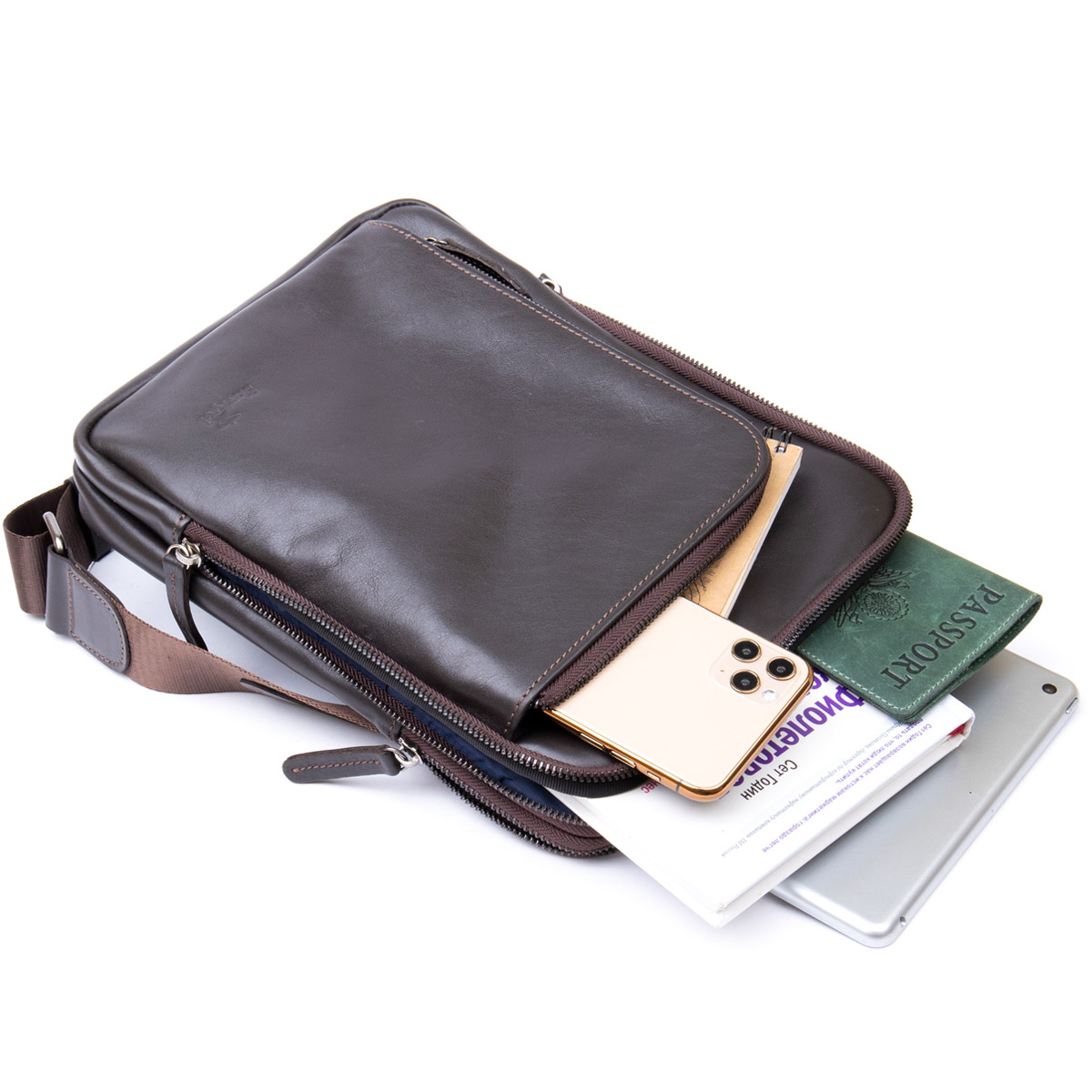 Модна сумка планшет з накладною кишенею на блискавці в гладкій шкірі SHVIGEL, Коричнева