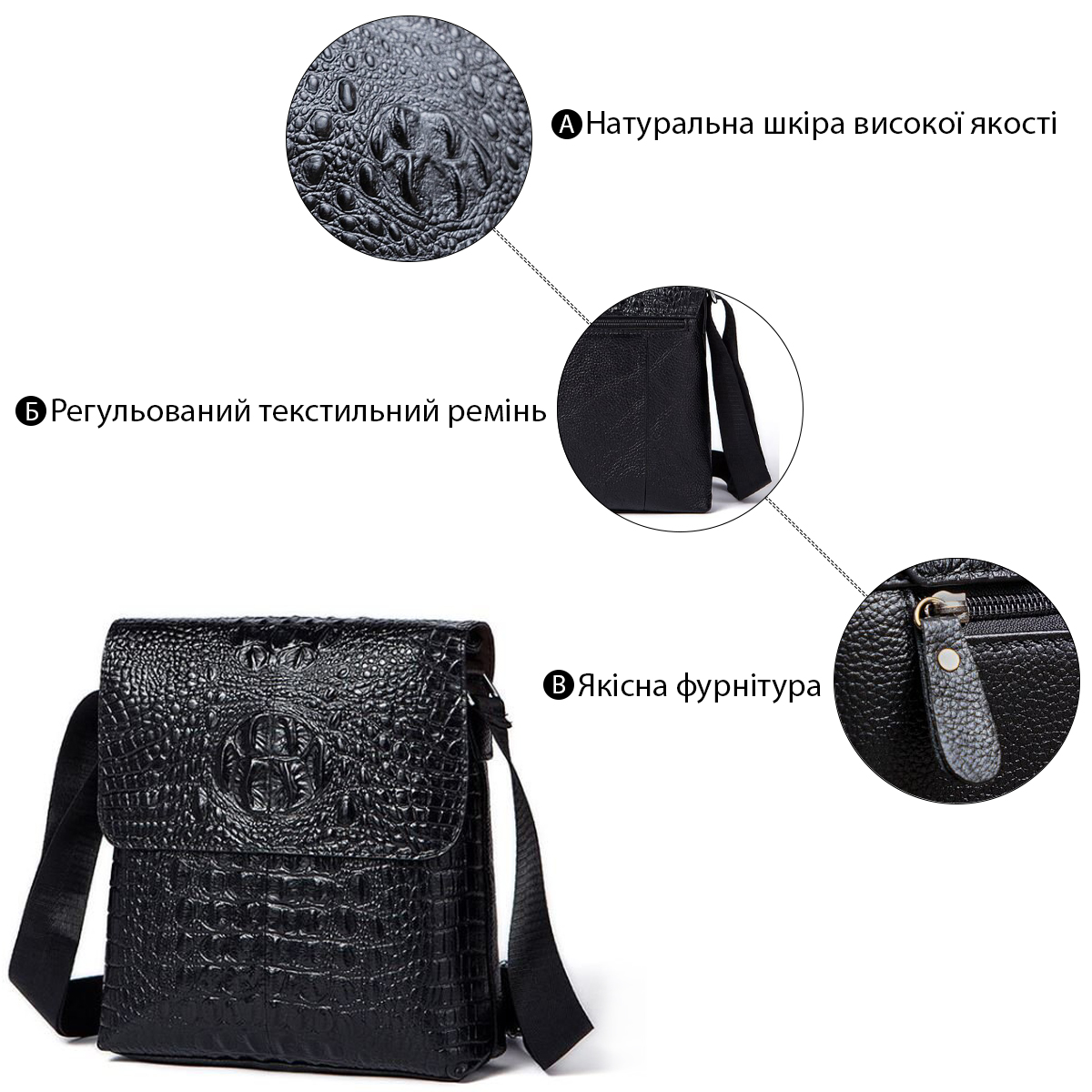 Сумка чоловіча вертикальна з тисненням під рептилію Vintage Чорна
