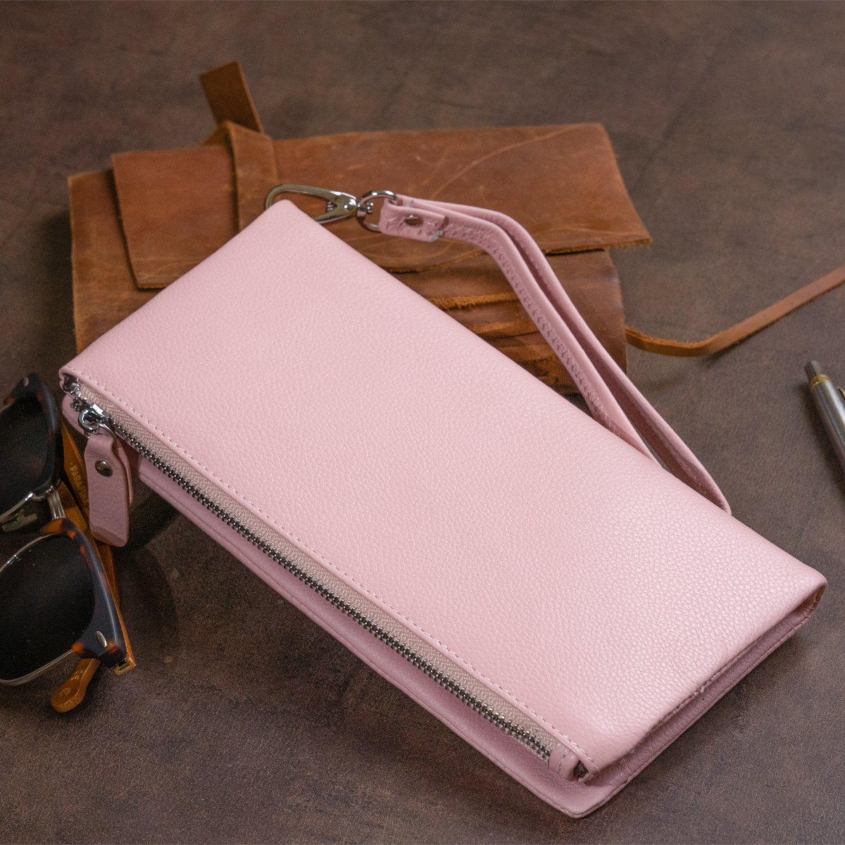 Гаманець-клатч зі шкіри з кишенею для мобільного ST Leather Рожевий