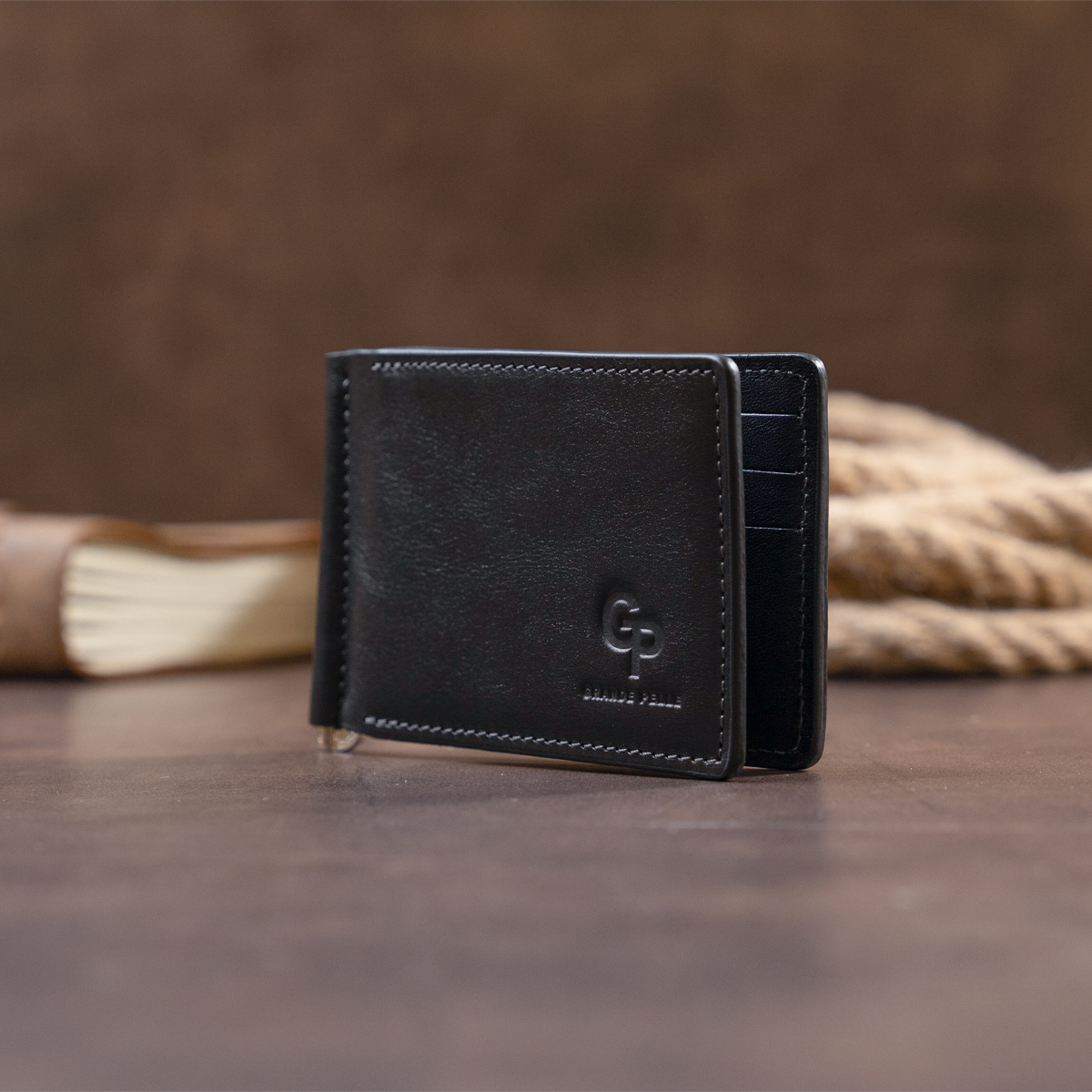  Стильное портмоне с зажимом для денег без застежки в гладкой коже GRANDE PELLE Черное