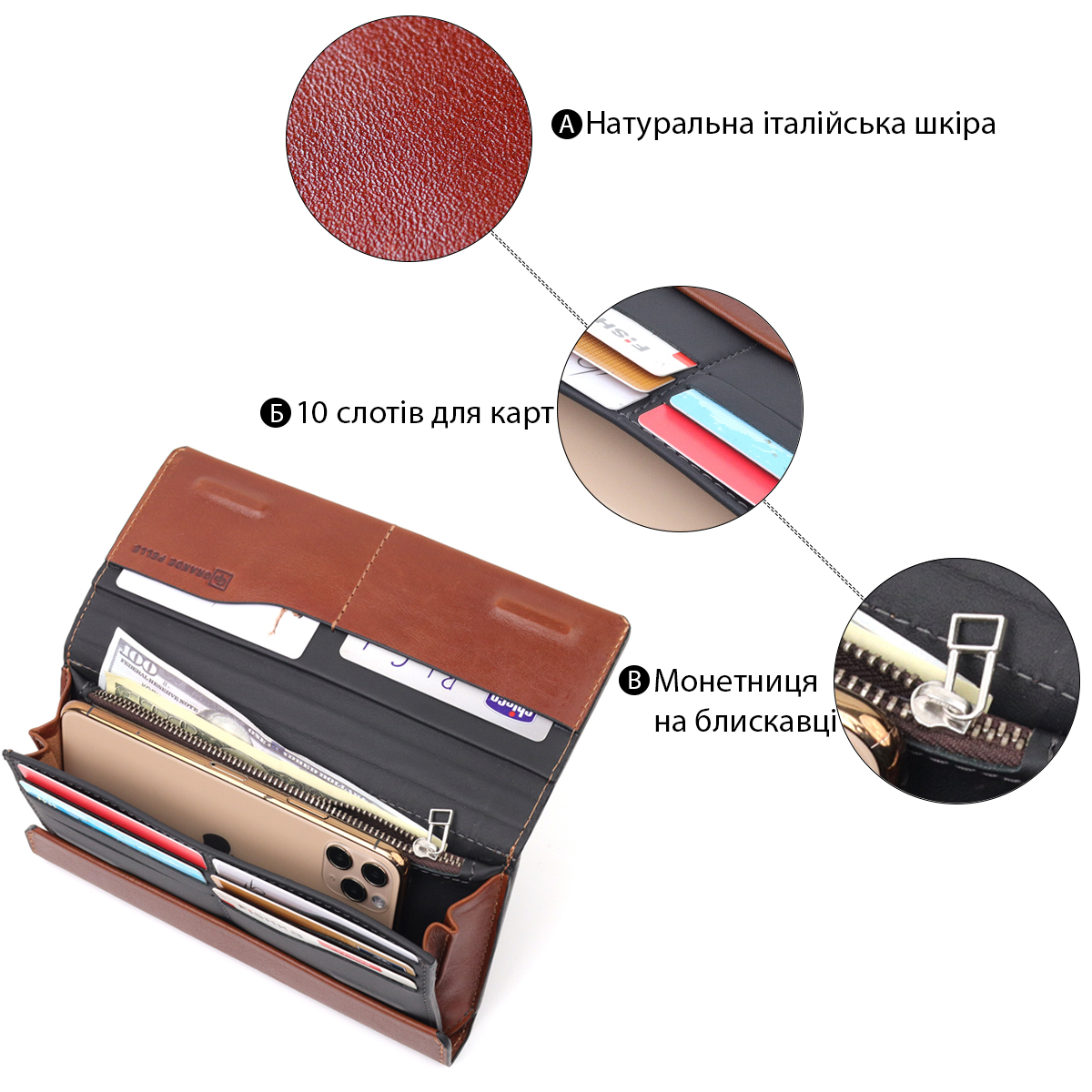 Барсетка із гладкої шкіри Grande Pelle Коричневий