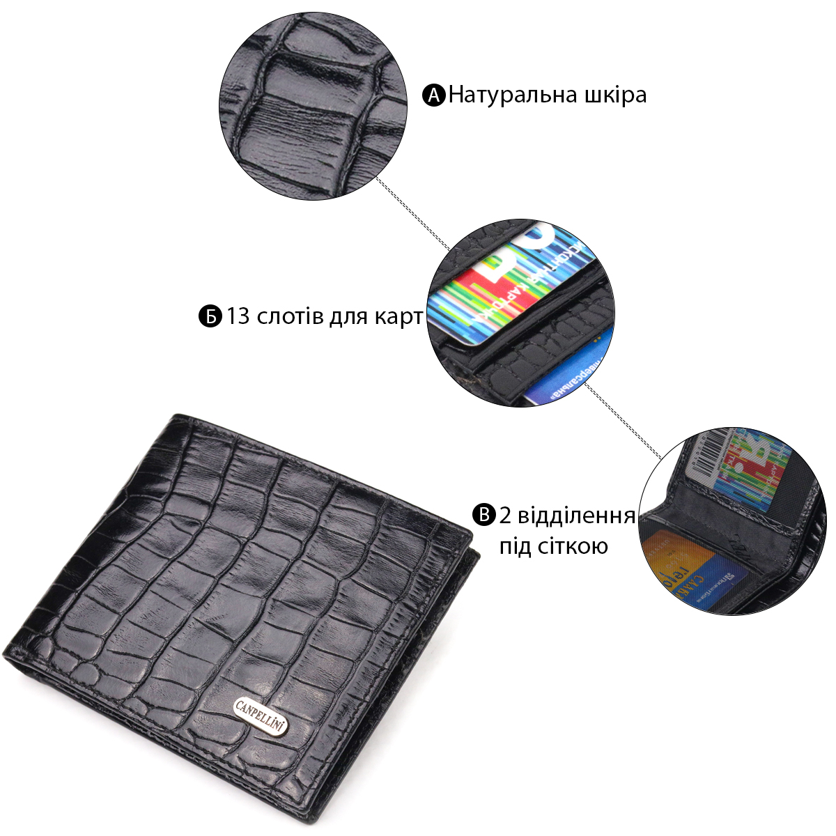 Оригінальний гаманець для чоловіків у два складення з натуральної фактурної шкіри з тисненням під крокодила CANPELLINI Чорний