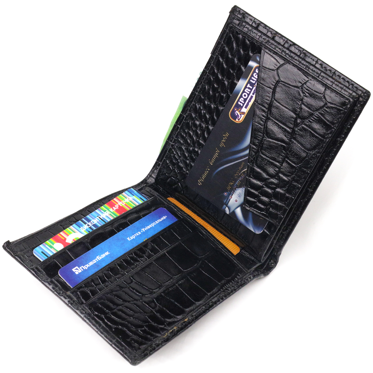 Оригінальний гаманець для чоловіків у два складення з натуральної фактурної шкіри з тисненням під крокодила CANPELLINI Чорний