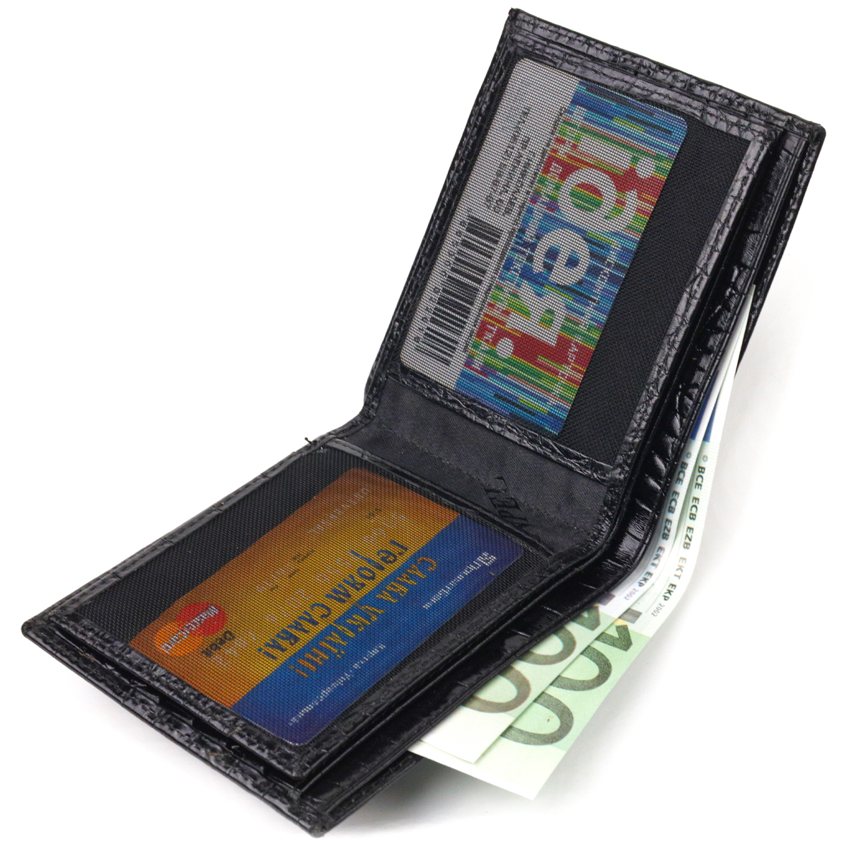 Оригінальний гаманець для чоловіків у два складення з натуральної фактурної шкіри з тисненням під крокодила CANPELLINI Чорний