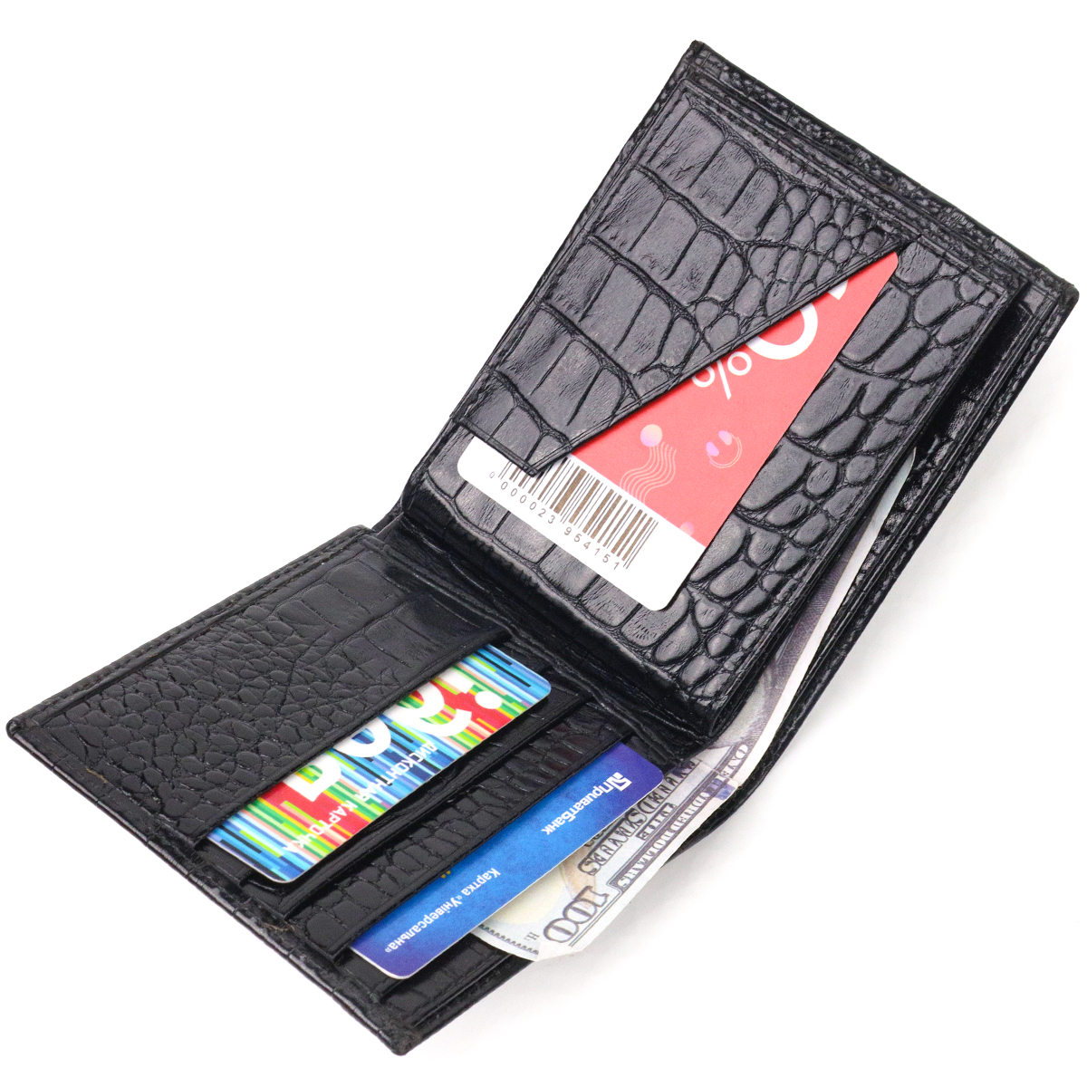 Оригінальний гаманець для чоловіків у два складення з натуральної фактурної шкіри з тисненням під крокодила CANPELLINI Чорний