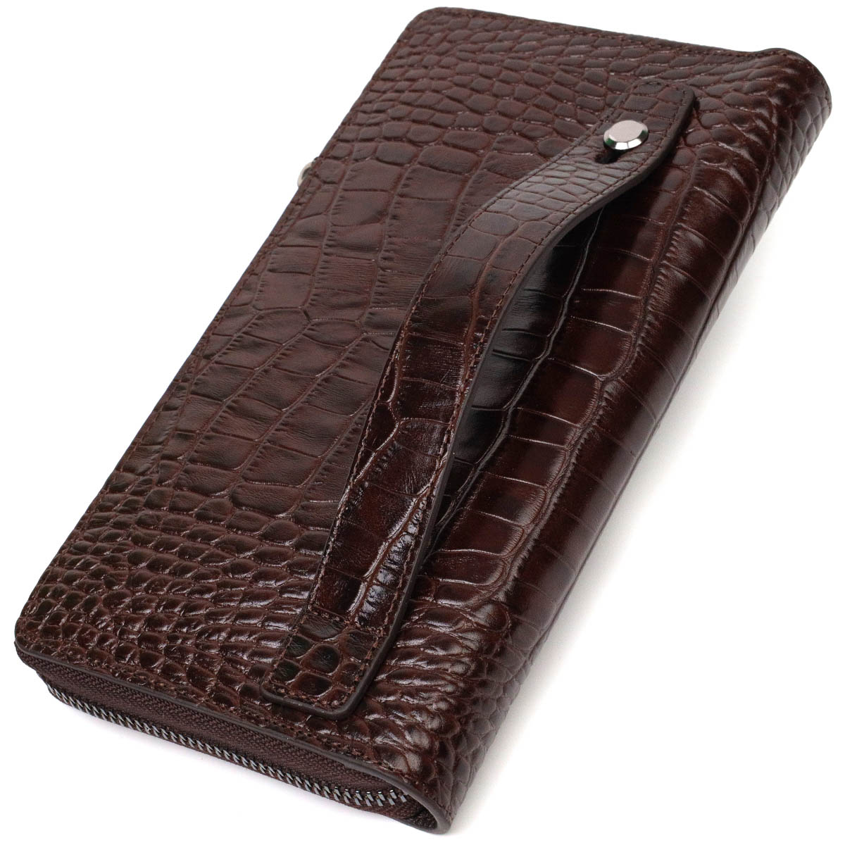 Великий чоловічий клатч з одним відділенням з натуральної шкіри з тисненням під крокодила BOND Коричневий