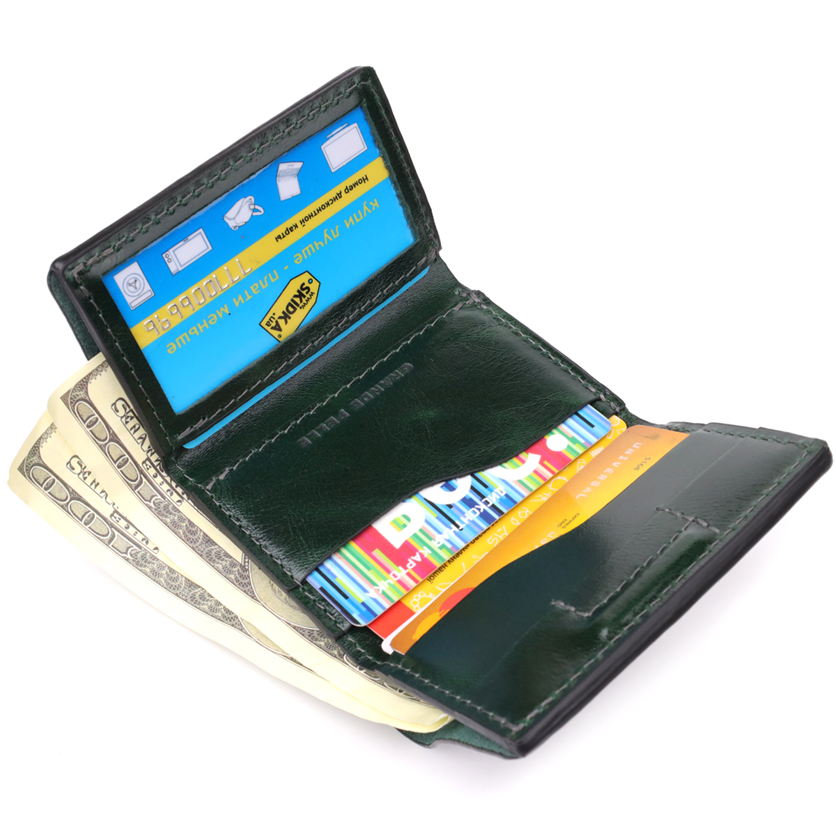 Відмінний гаманець у три складання з натуральної гладкої шкіри GRANDE PELLE Зелений