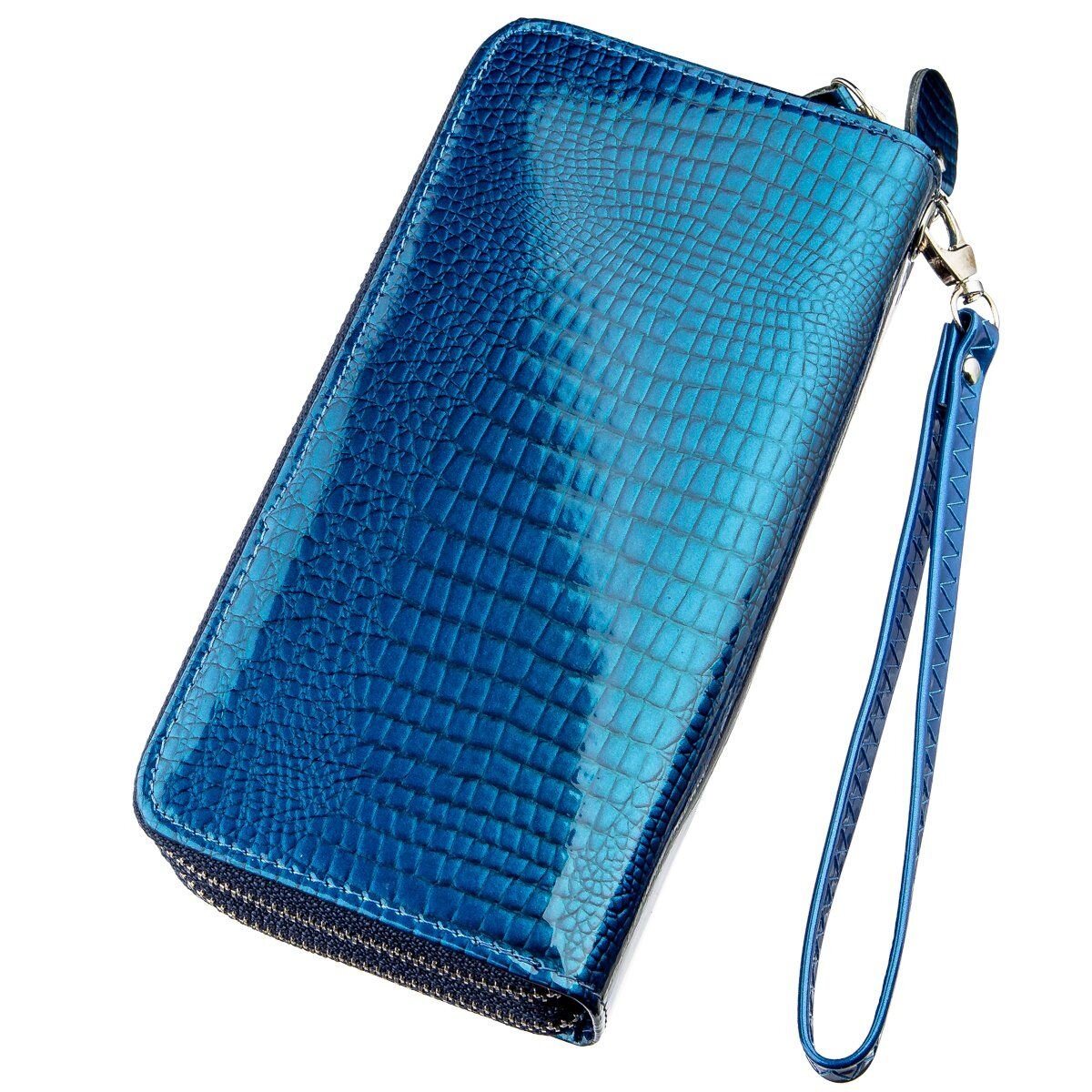 Гаманець жіночий з екокожі на дві блискавки лаковий KIVI Хамелеон Синій