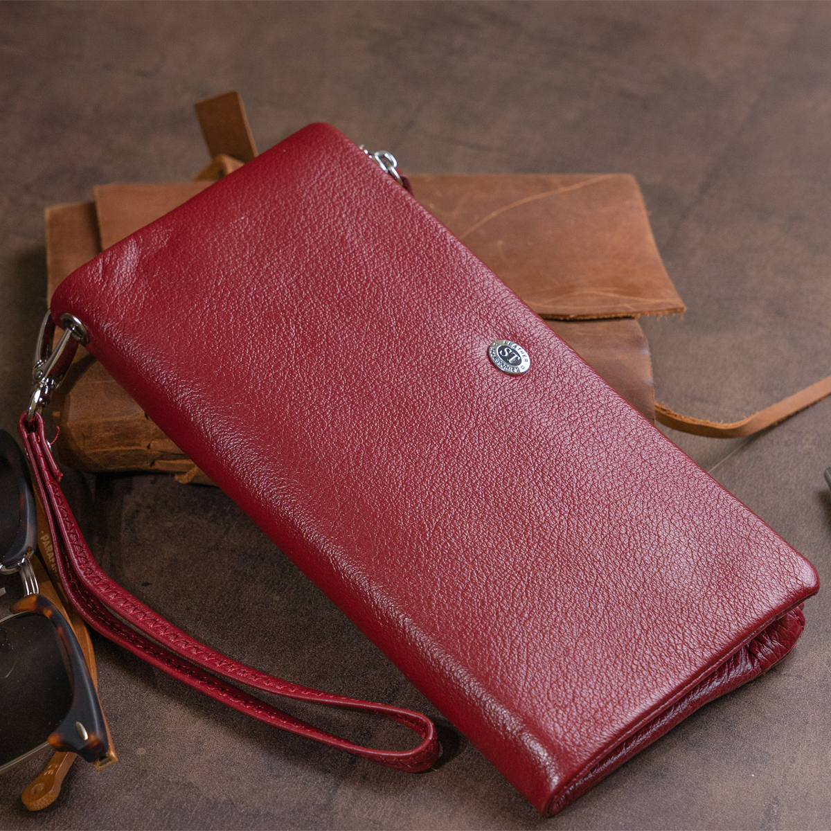Гаманець-клатч зі шкіри з кишенею для мобільного ST Leather Бордовий