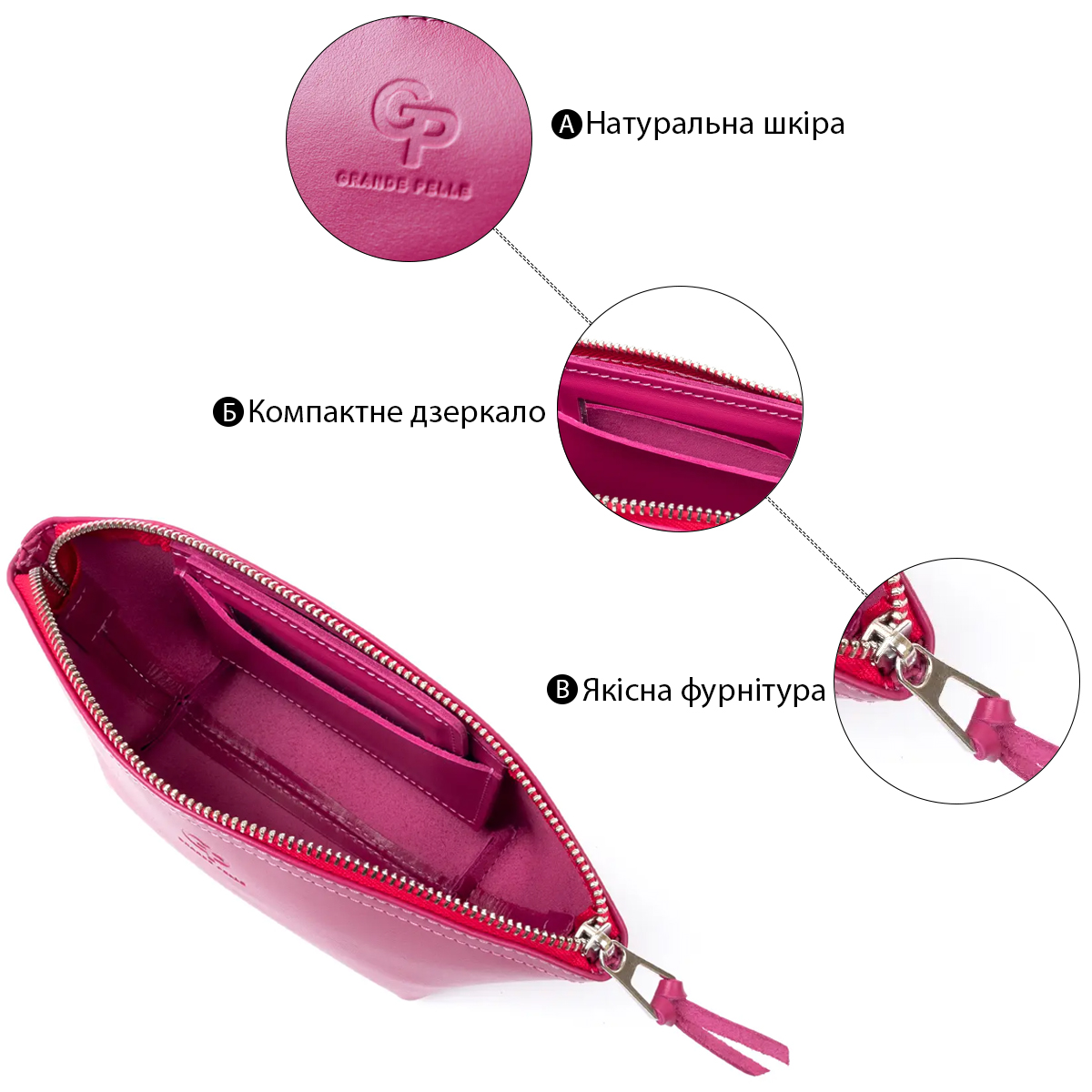 Жіноча косметичка зі шкіри Amelin GRANDE PELLE Фуксія