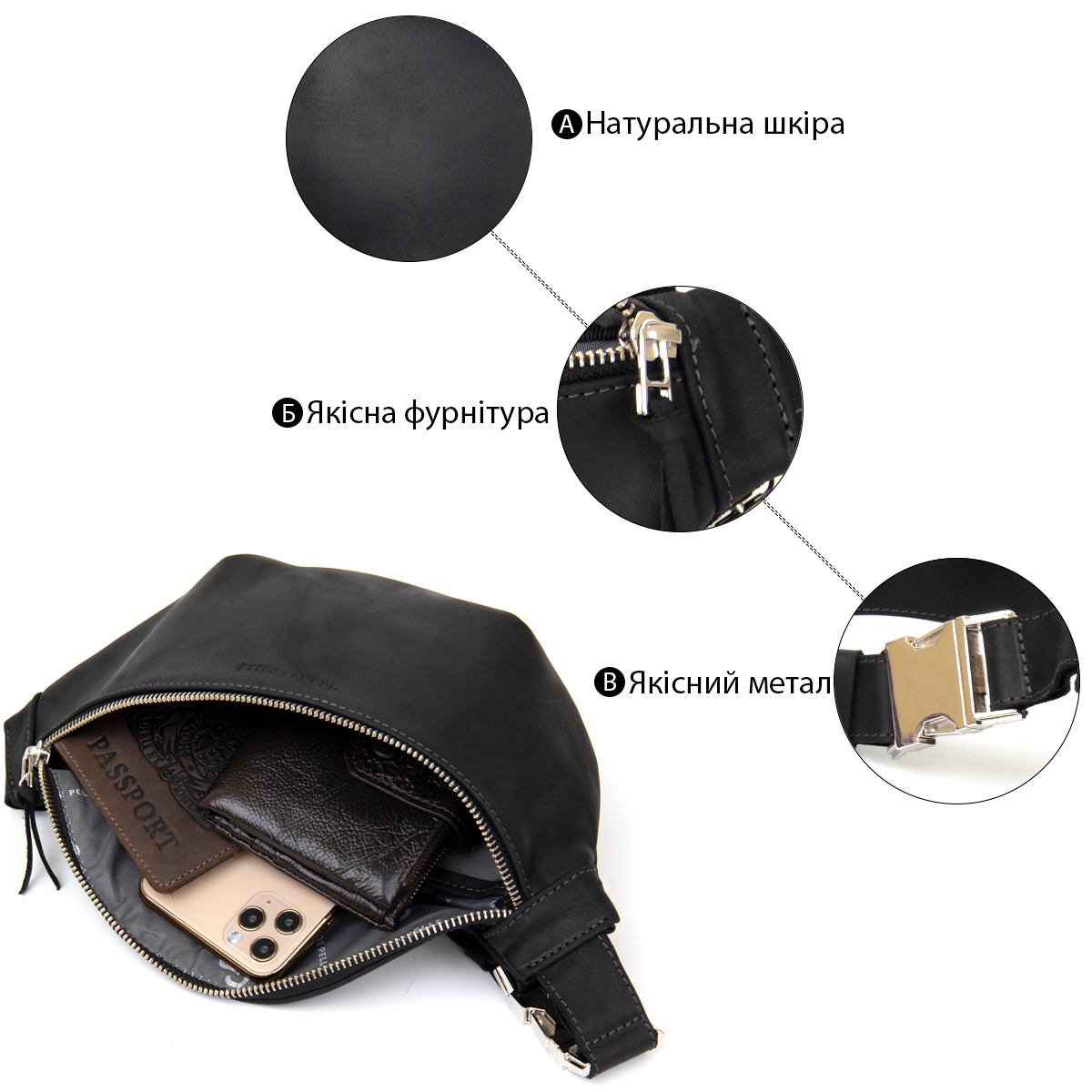 Бананка поясна унісекс вінтажна Grande Pelle Чорна