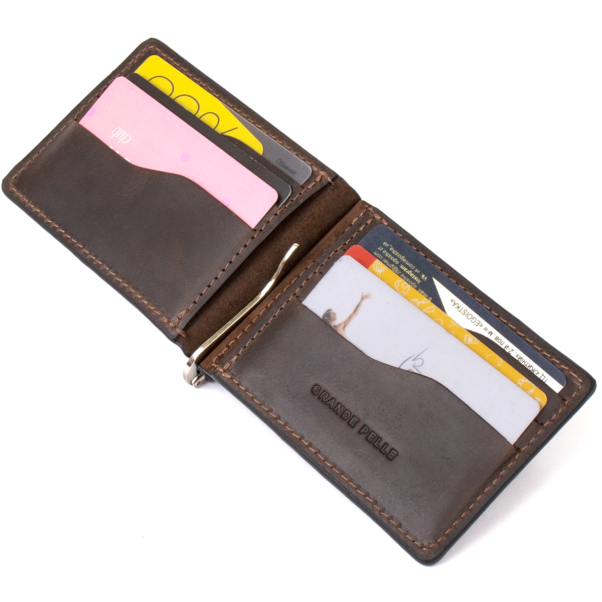 Вінтажний шкіряний затиск для грошей GRANDE PELLE Коричневий