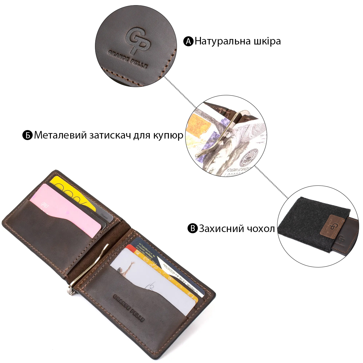 Вінтажний шкіряний затиск для грошей GRANDE PELLE Коричневий