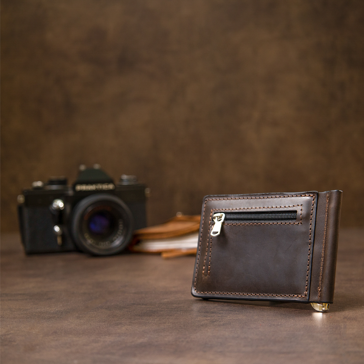 Вінтажний шкіряний затиск для грошей GRANDE PELLE Коричневий