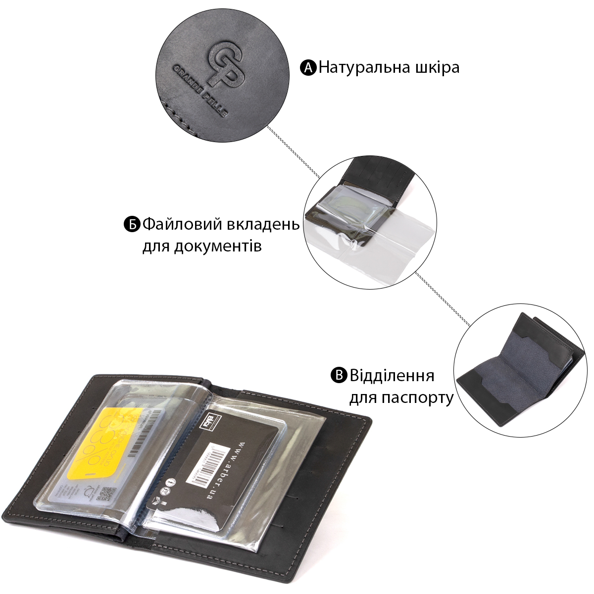 Кожаная обложка для документов GRANDE PELLE Черный