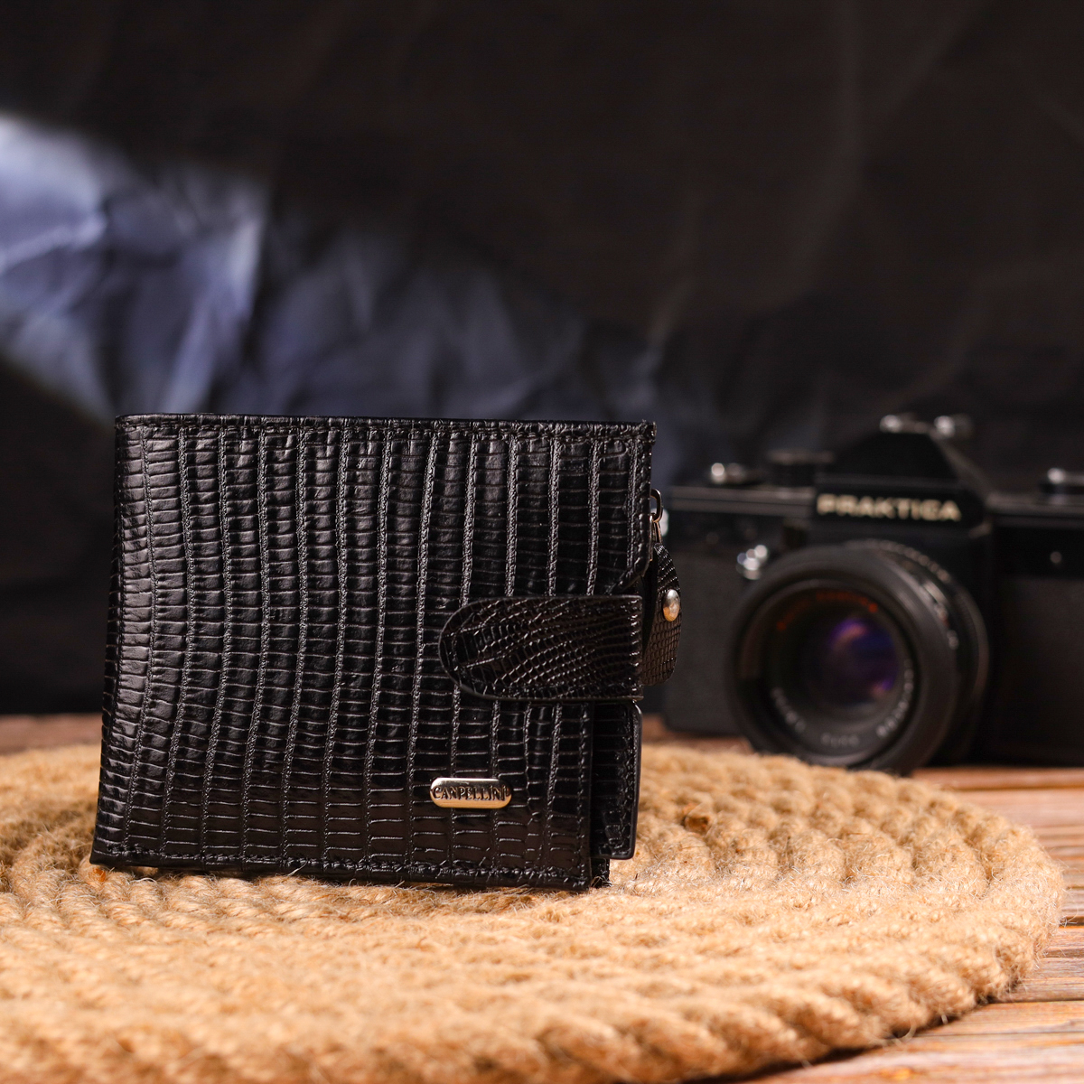 Відмінний чоловічий горизонтальний гаманець із натуральної фактурної шкіри CANPELLINI Чорний