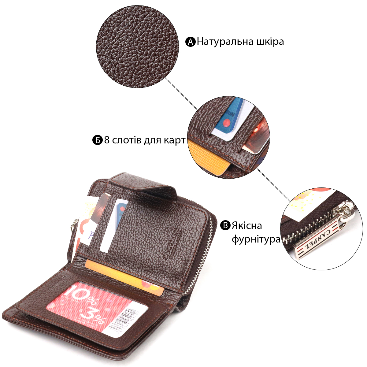 Красиве вертикальне портмоне для жінок з монетницею на блискавці з натуральної шкіри CANPELLINI Коричневе