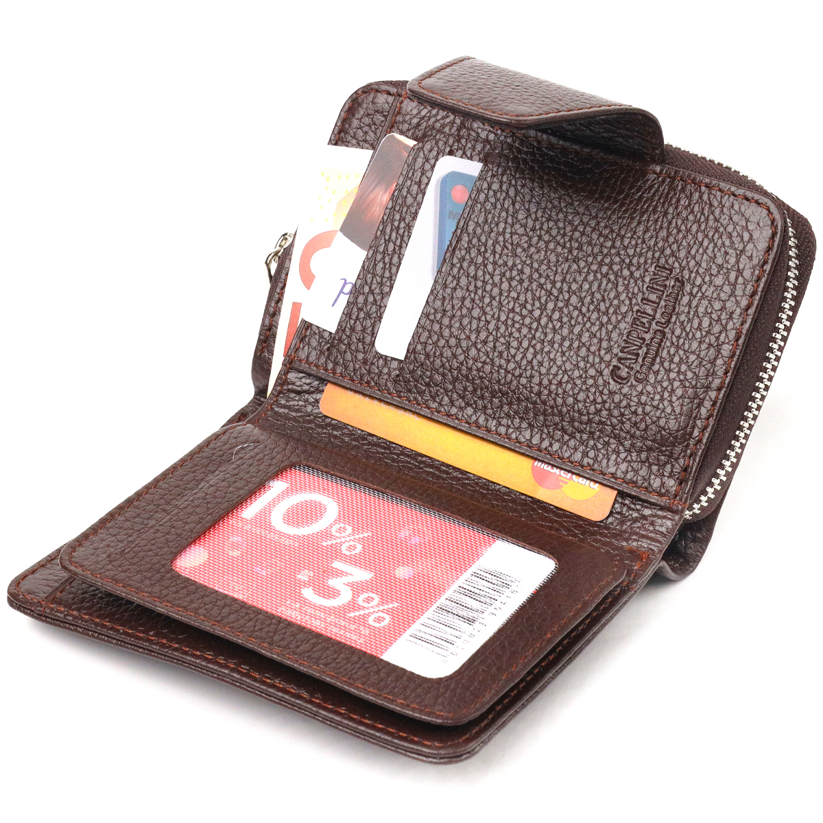 Красиве вертикальне портмоне для жінок з монетницею на блискавці з натуральної шкіри CANPELLINI Коричневе