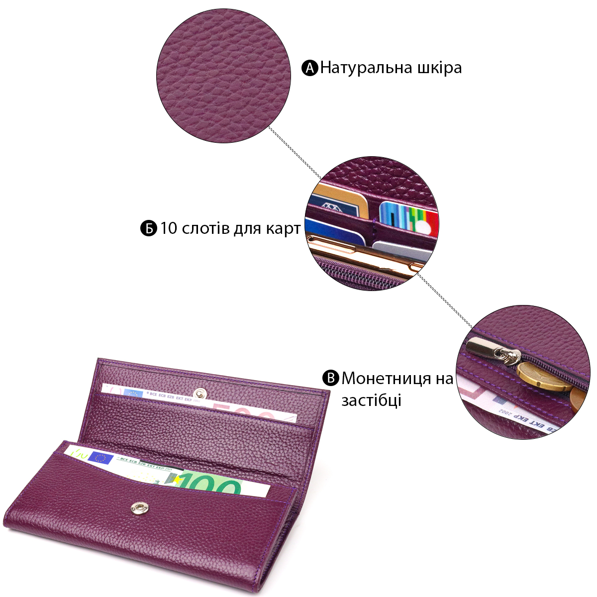 Жіночий гаманець з натуральної зернистої шкіри CANPELLINI Фіолетовий