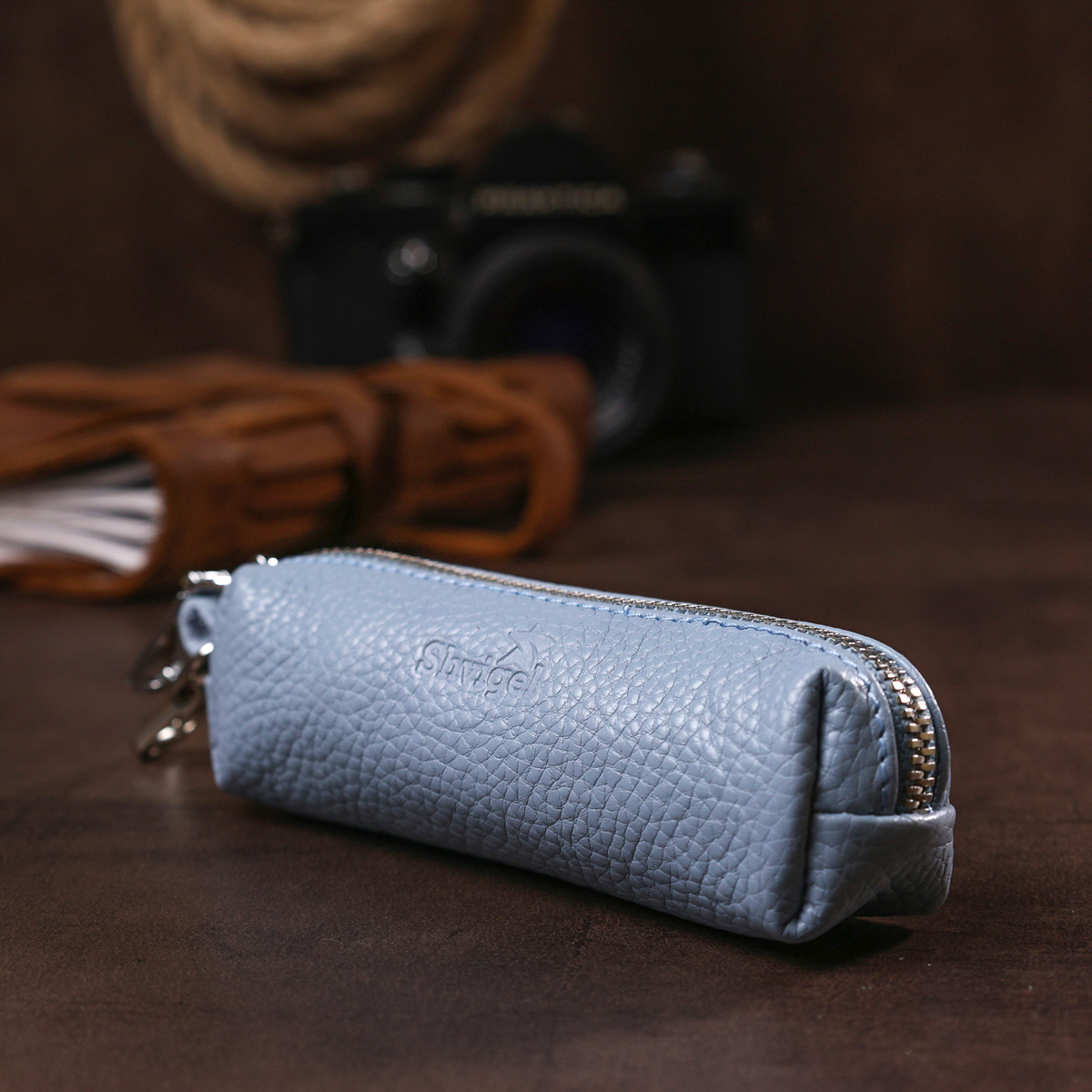 Добротная кожаная ключница Shvigel Голубой