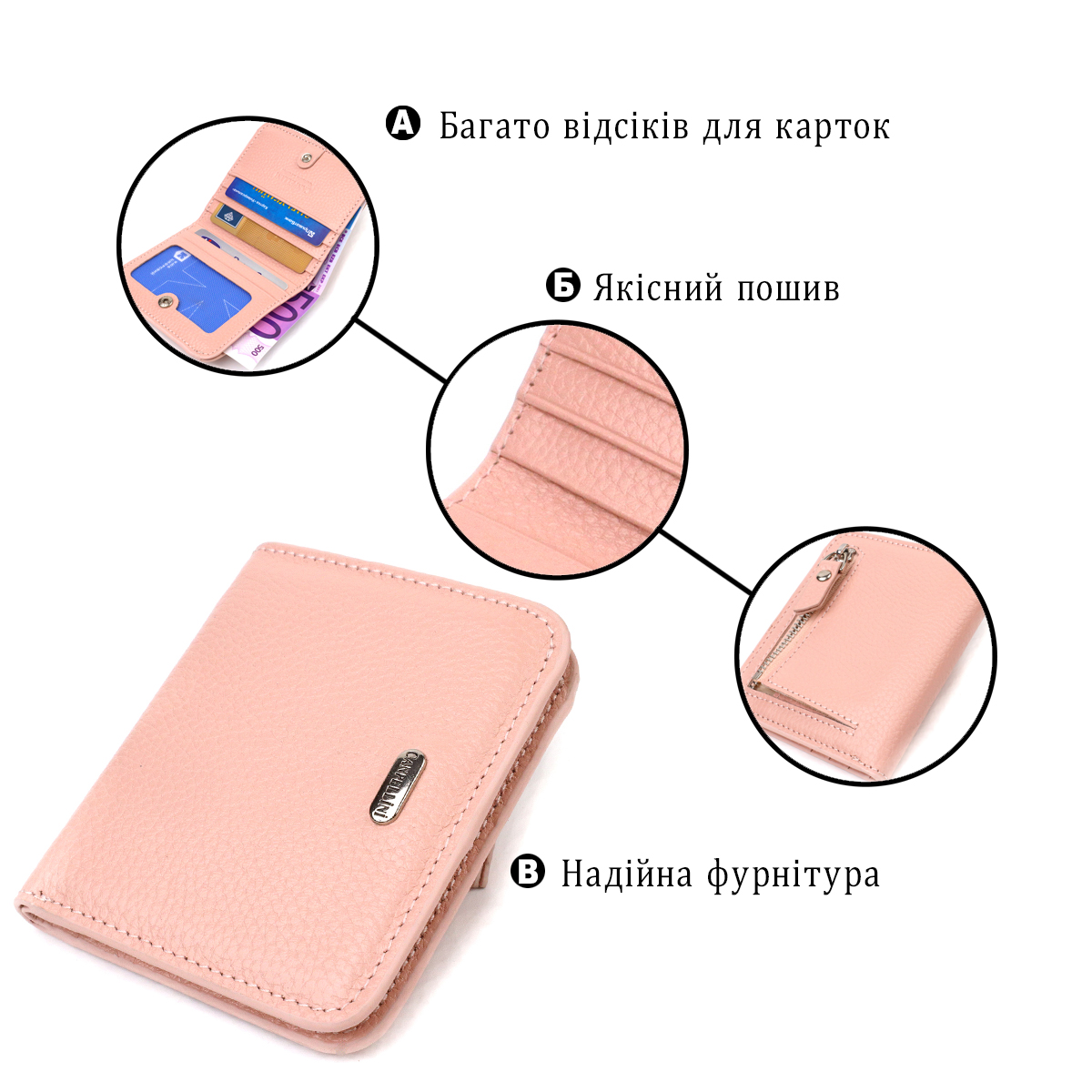 Женский кошелек небольшого размера из натуральной кожи флотар CANPELLINI Розовый