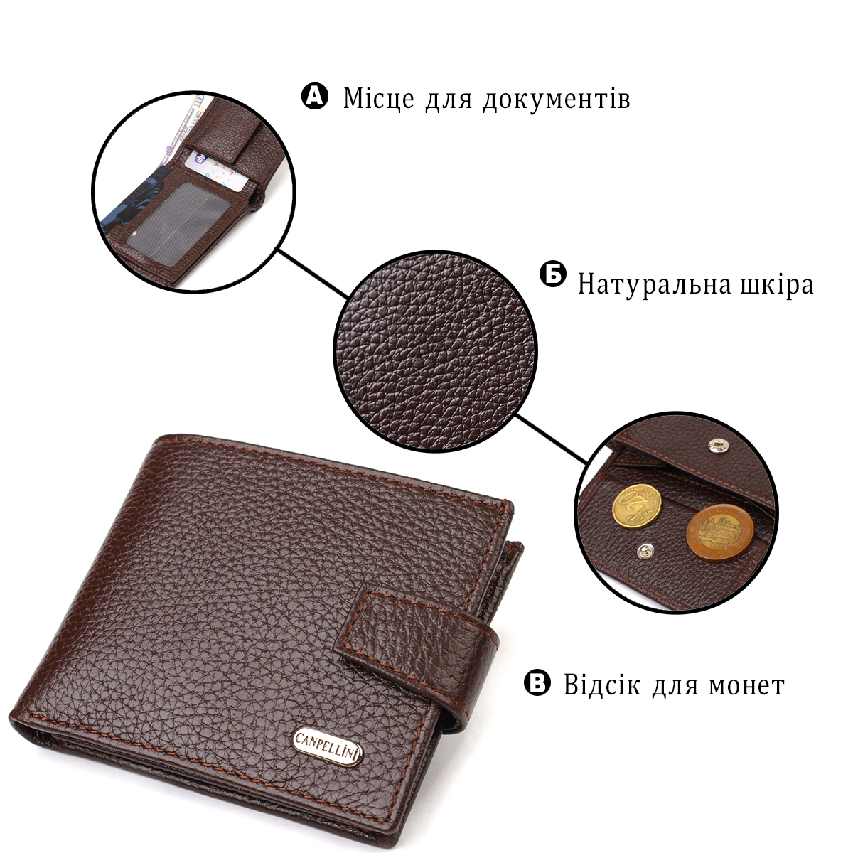 Ідеальне портмоне для чоловіків із натуральної зернистої шкіри CANPELLINI Коричневе