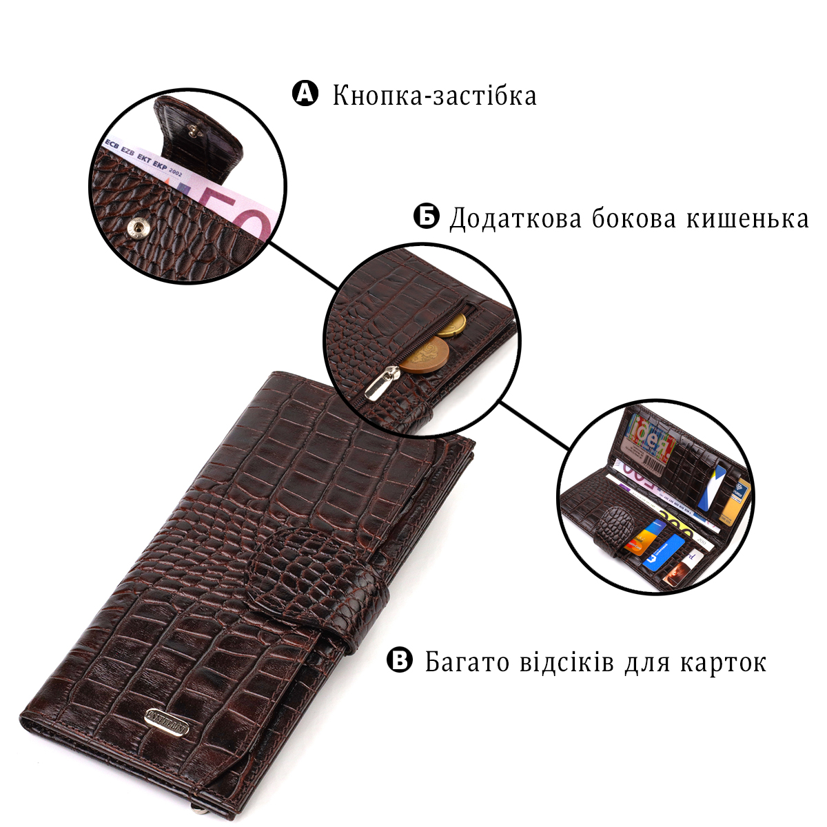 Відмінний купюрник для чоловіків з натуральної шкіри з тисненням під крокодила CANPELLINI Коричневий