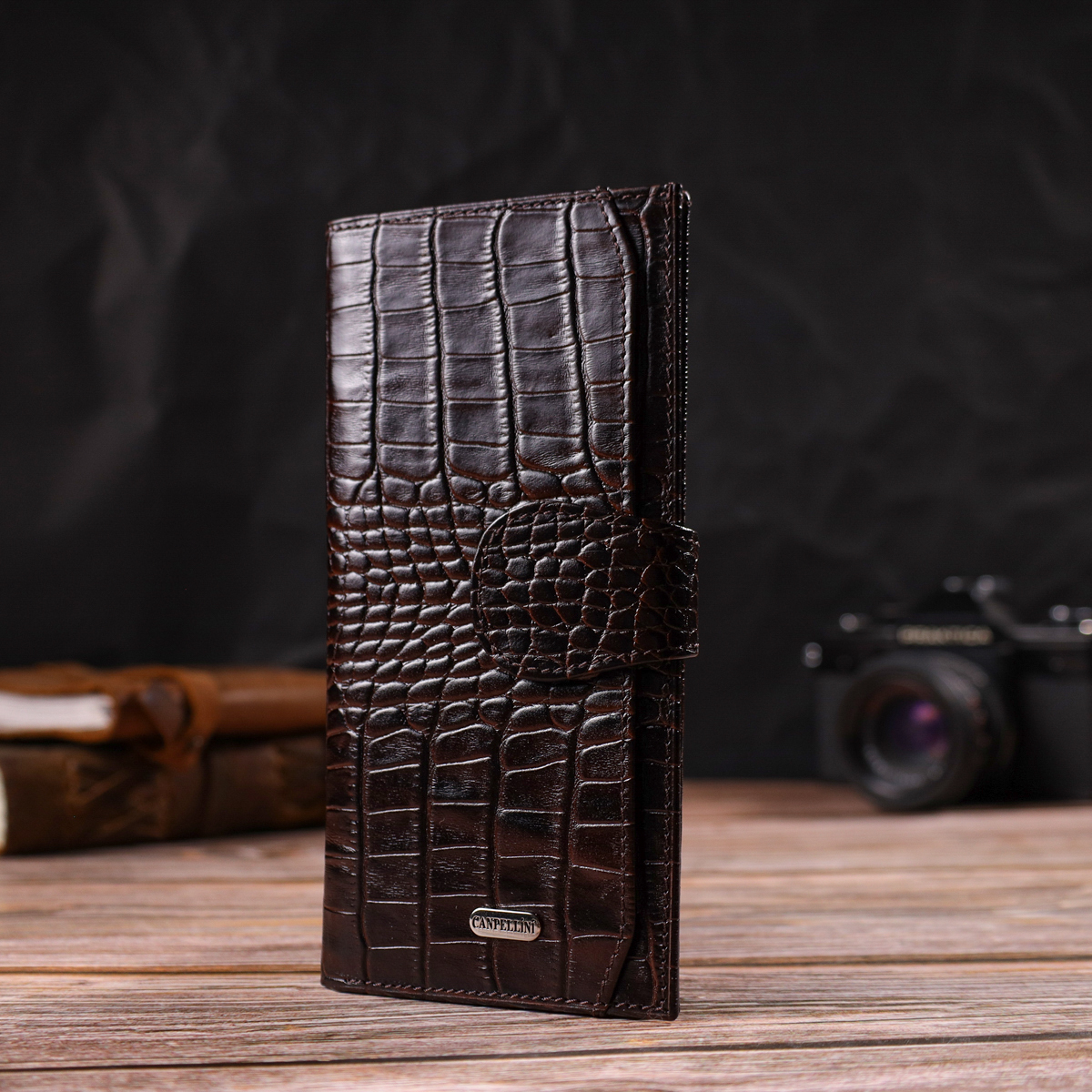 Відмінний купюрник для чоловіків з натуральної шкіри з тисненням під крокодила CANPELLINI Коричневий