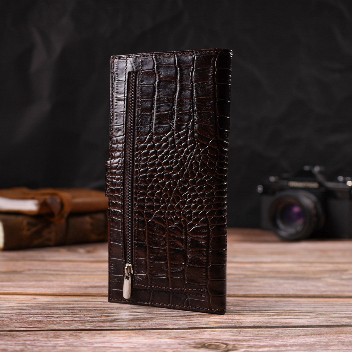 Відмінний купюрник для чоловіків з натуральної шкіри з тисненням під крокодила CANPELLINI Коричневий
