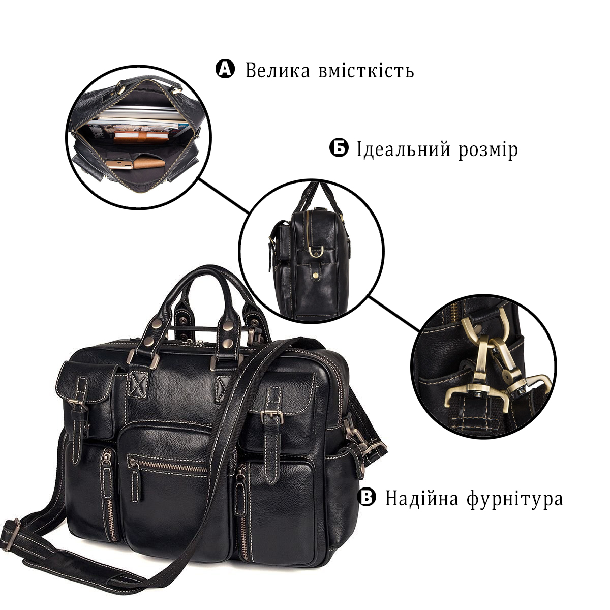 Багатофункціональна сумка з натуральної шкіри Vintage Чорна