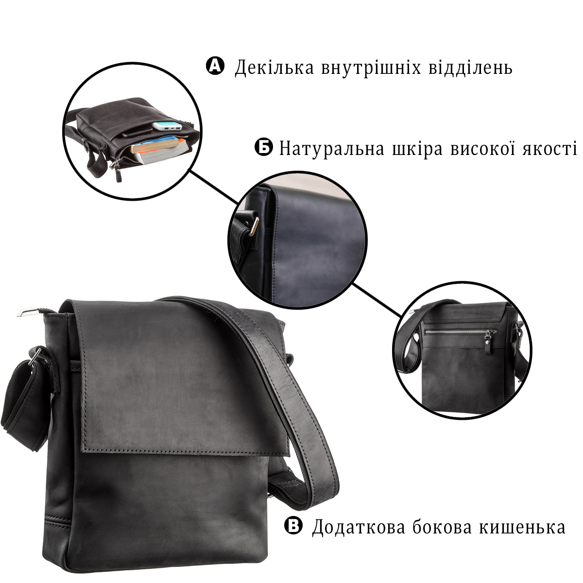 Сумка чоловіча SHVIGEL шкіряна Чорна
