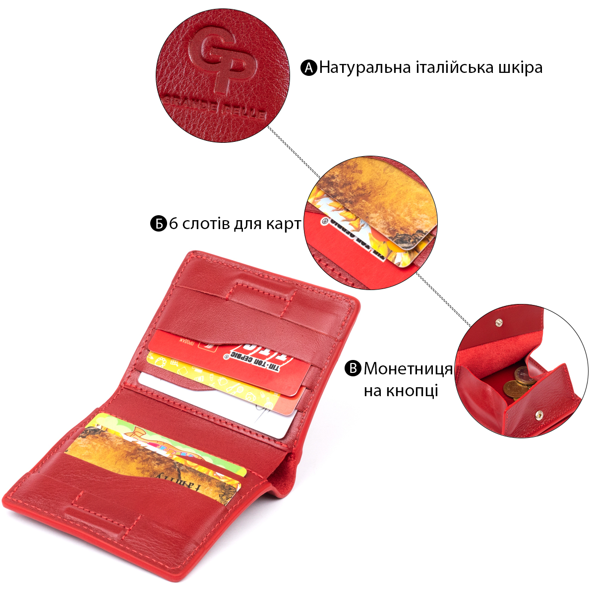Вертикальне глянсове портмоне з накладною монетницьою GRANDE PELLE Червоне