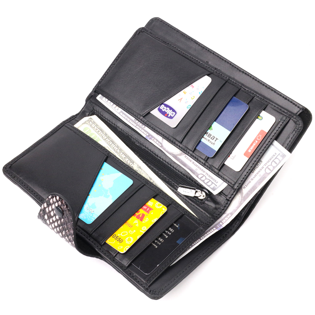 Многофункциональное женское портмоне из натуральной фактурной кожи под змею KARYA Черный