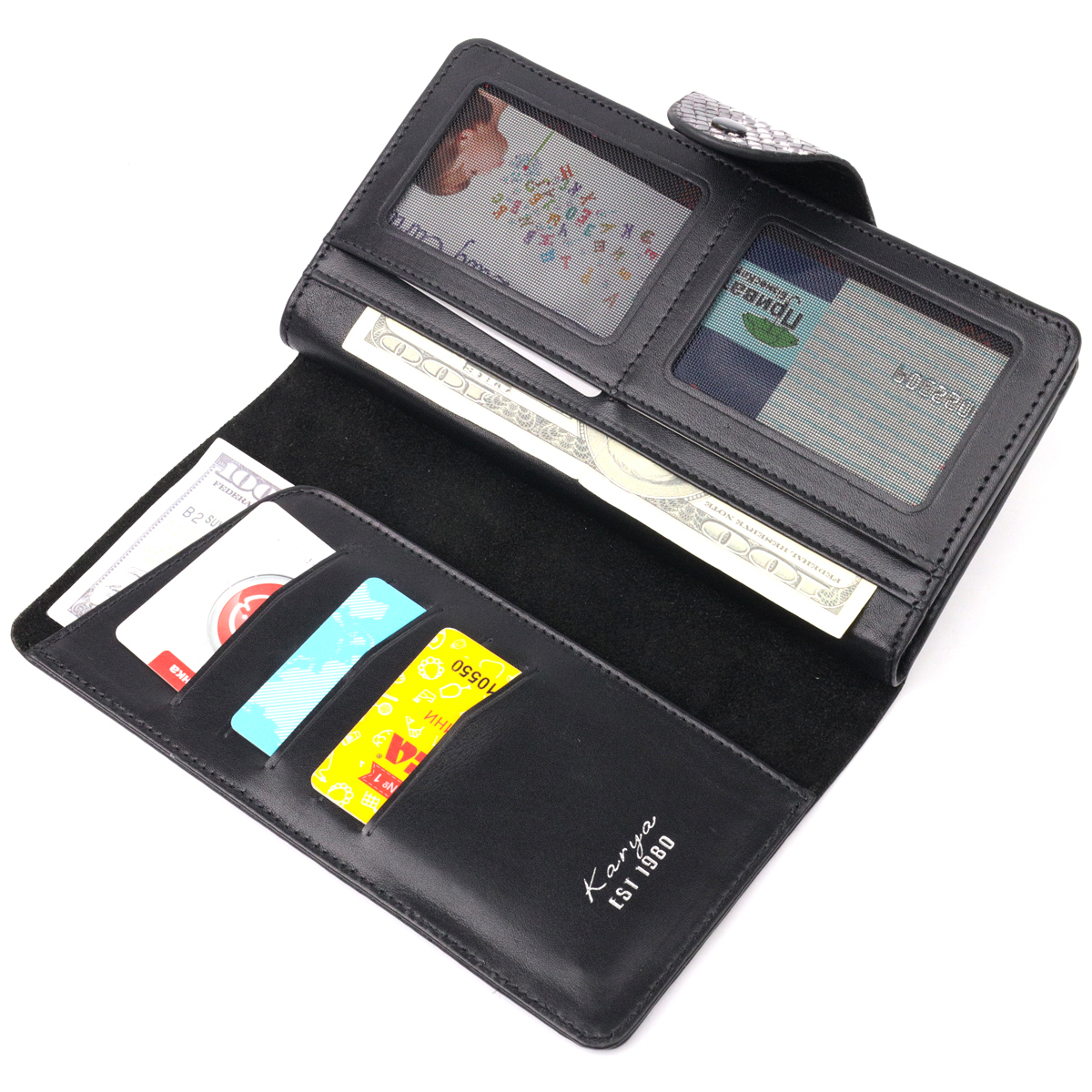 Многофункциональное женское портмоне из натуральной фактурной кожи под змею KARYA Черный