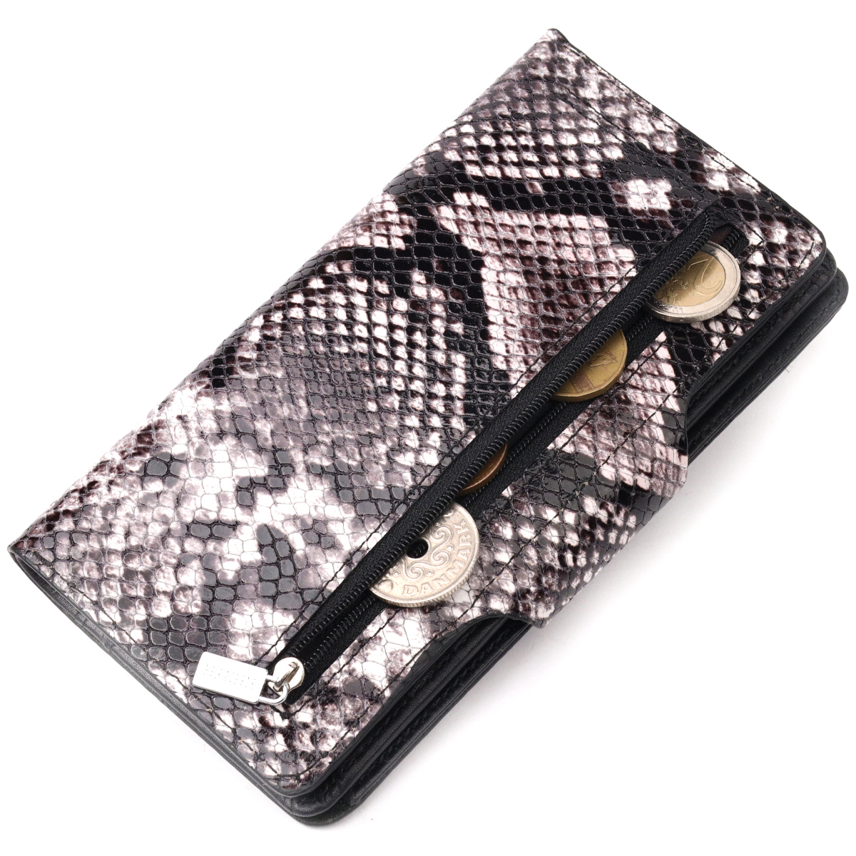 Многофункциональное женское портмоне из натуральной фактурной кожи под змею KARYA Черный