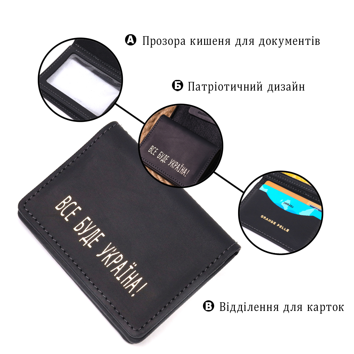 Містка обкладинка на автодокументи у вінтажній шкірі Україна GRANDE PELLE Чорна