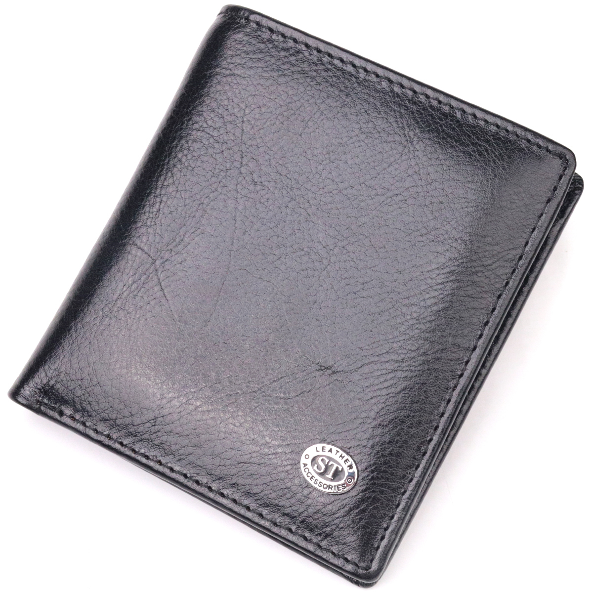 Компактный бумажник для денег из натуральной гладкой кожи ST Leather Черный