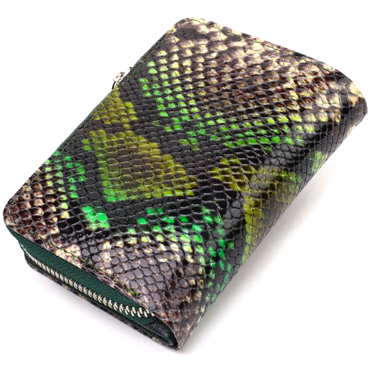 Жіноче фактурне вертикальне портмоне з монетницею на блискавці з натуральної шкіри з тисненням під змію CANPELLINI Різнокольорове
