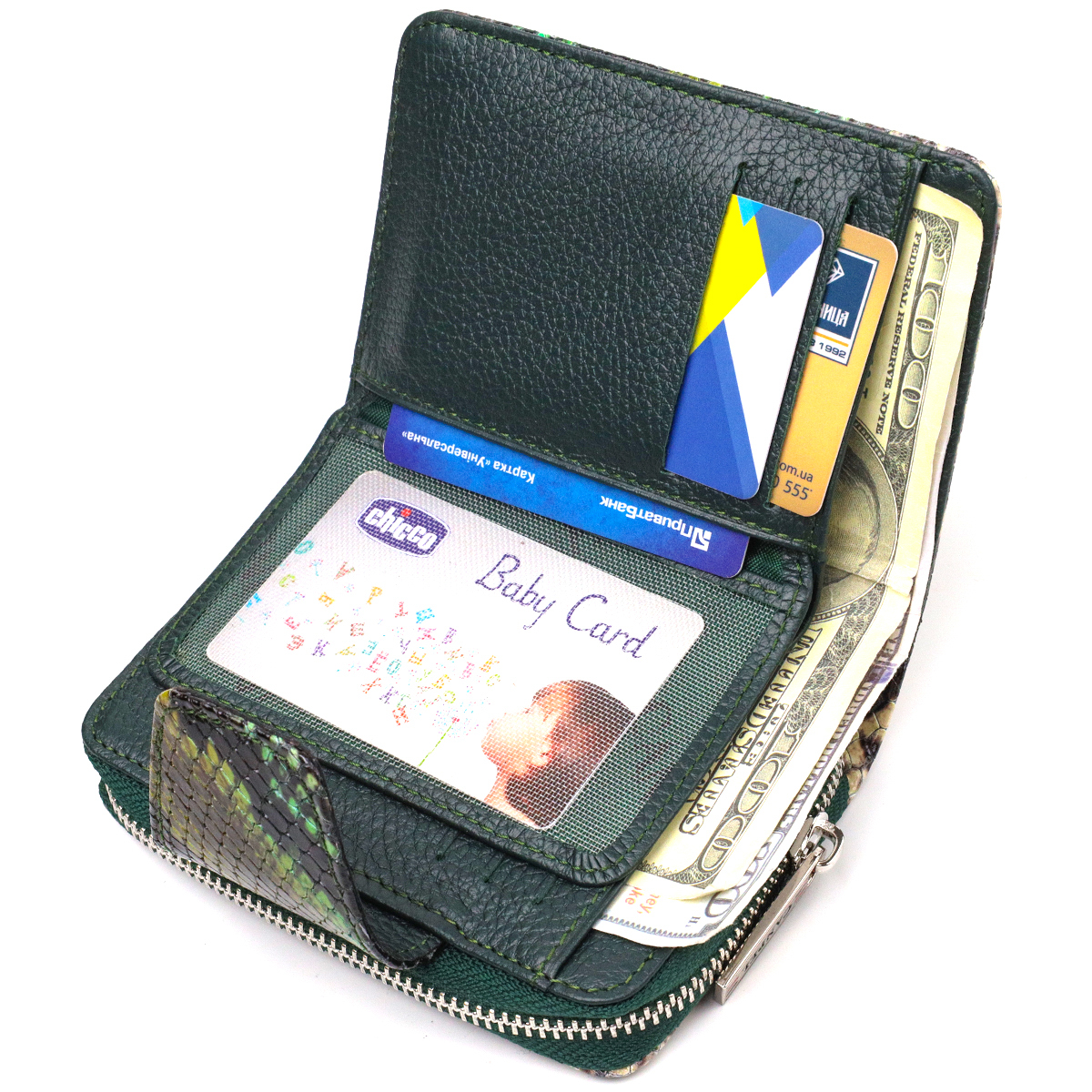 Жіноче фактурне вертикальне портмоне з монетницею на блискавці з натуральної шкіри з тисненням під змію CANPELLINI Різнокольорове