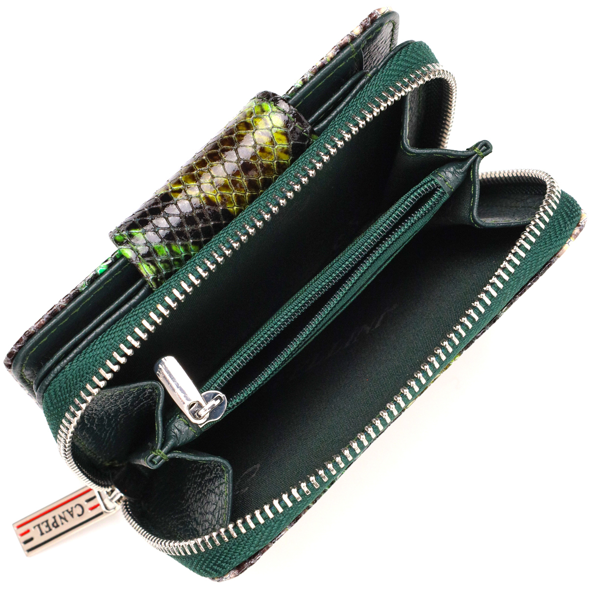 Жіноче фактурне вертикальне портмоне з монетницею на блискавці з натуральної шкіри з тисненням під змію CANPELLINI Різнокольорове