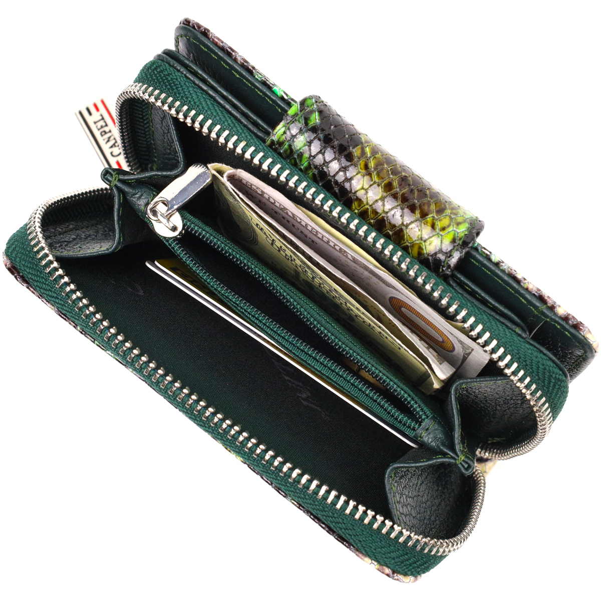 Жіноче фактурне вертикальне портмоне з монетницею на блискавці з натуральної шкіри з тисненням під змію CANPELLINI Різнокольорове