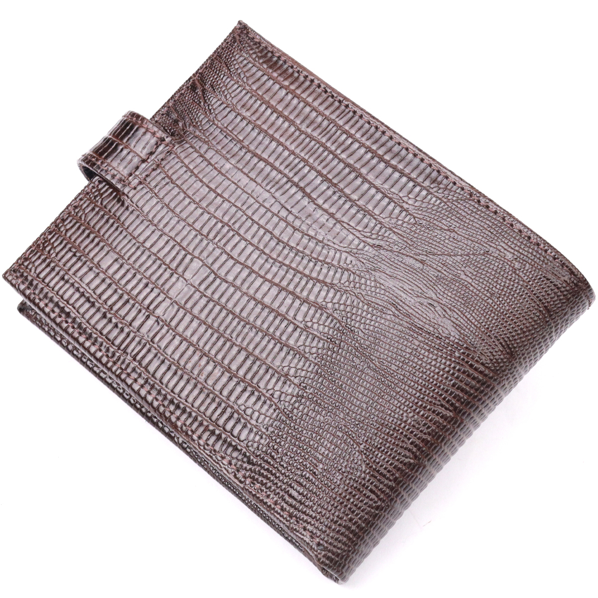Лакированное мужское портмоне с хлястиком из натуральной фактурной кожи KARYA Коричневый