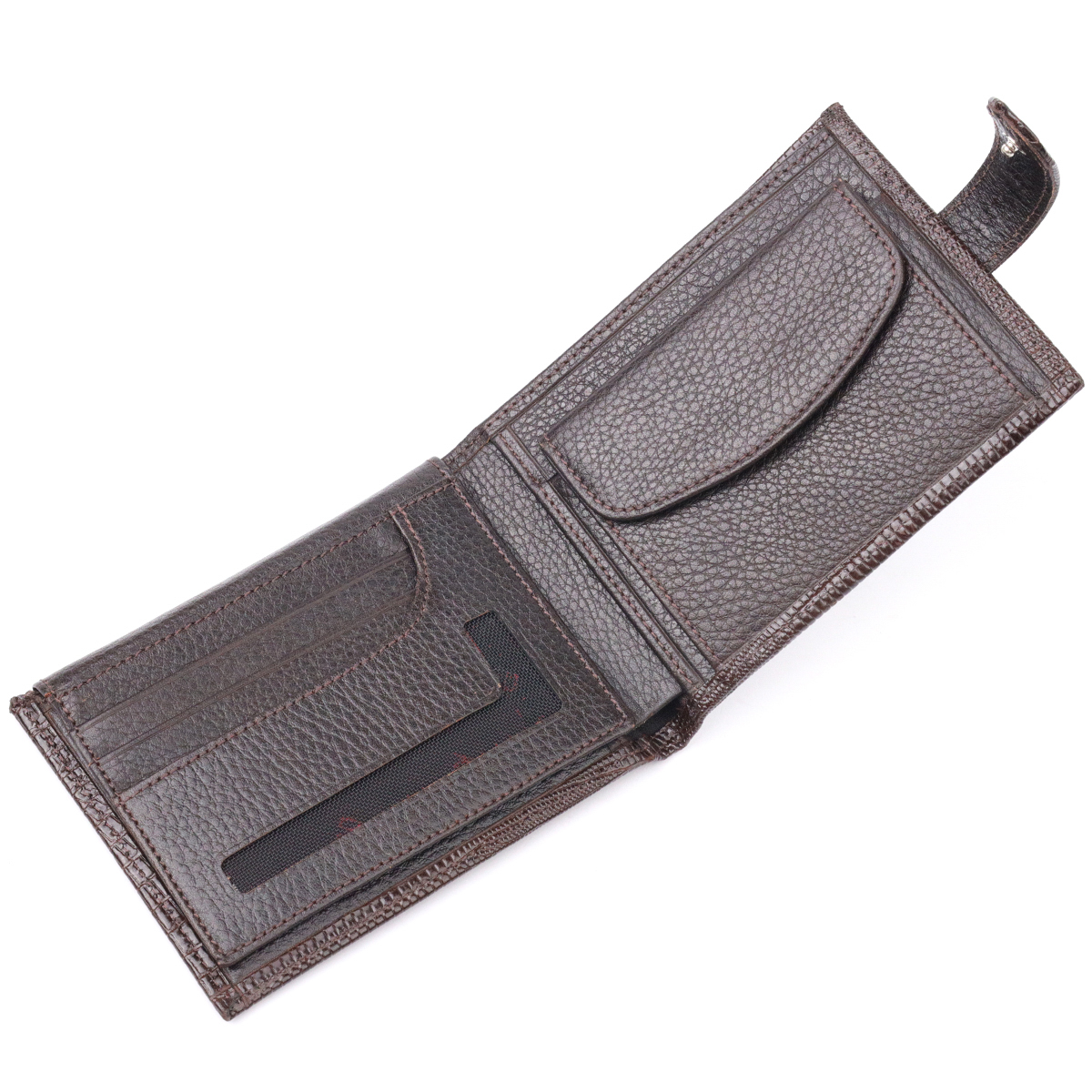 Лакированное мужское портмоне с хлястиком из натуральной фактурной кожи KARYA Коричневый